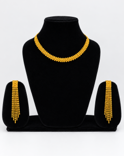 Gold Beaded Necklace & Long Earrings Jewellery Set