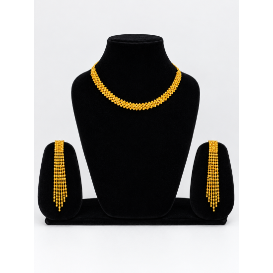 Gold Beaded Necklace & Long Earrings Jewellery Set