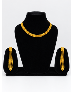Gold Beaded Necklace & Long Earrings Jewellery Set